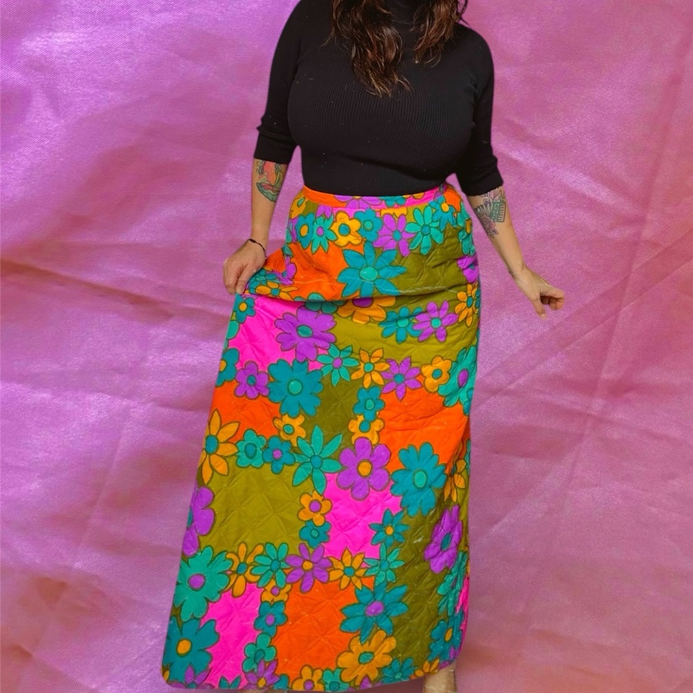 Vintage 70s Alex Colman Rainbow Psychedelic Flower Power Day-Glo Maxi Skirt